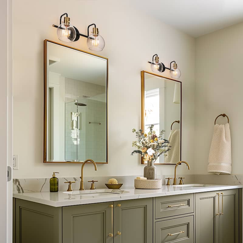 Modern 2-Light Black Gold Bathroom Vanity Light Wall Sconce with Clear Glass - 14.5" L x 8" W x 8.5" H