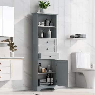 Grey Tall Bathroom Cabinet with Drawers and Adjustable Shelves - Bathroom Cabinet