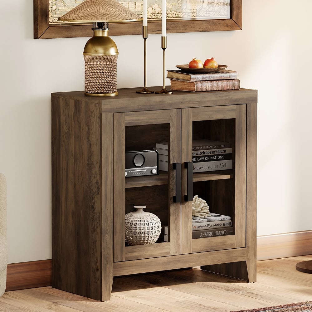 WAMPAT Modern Farmhouse TV Stand, Entertainment Center with Tempered Glass Doors & Adjustable Shelves