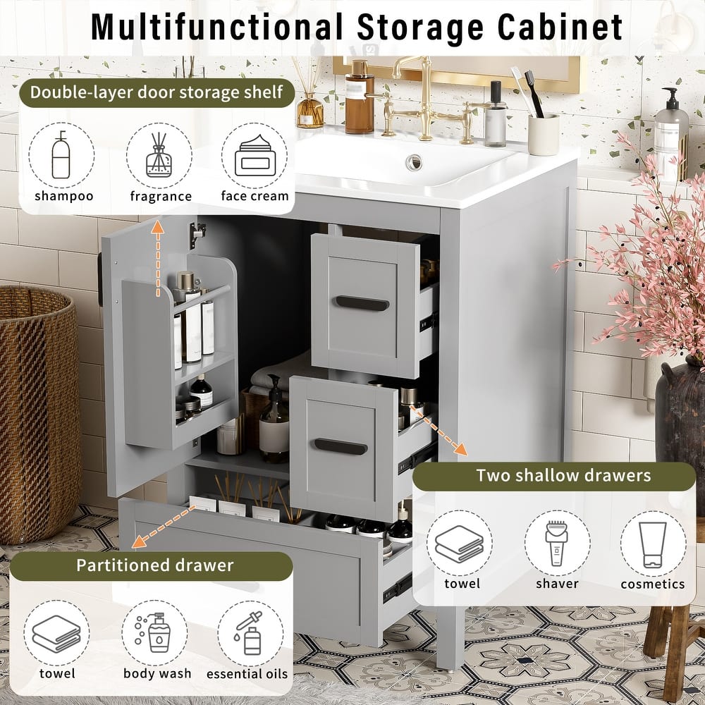 Solid Wood Frame Bathroom Vanity Cabinet with Ceramic Sink, Space-Saving 24-Inch Vanity