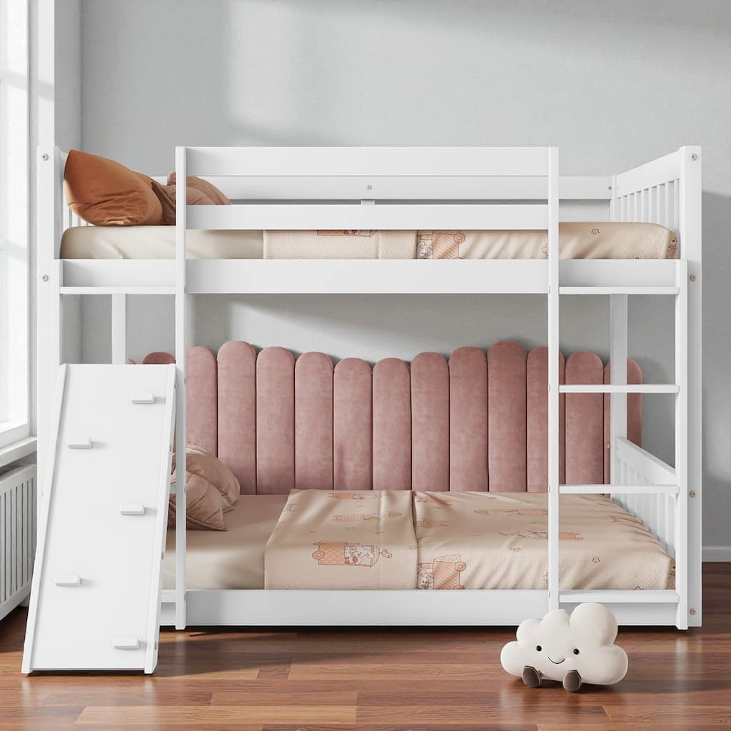 Twin Over Twin Floor Bunk Bed with Climbing Ramp and Ladder, Pine Wood Playhouse Bed with Safety Guardrails for Kids