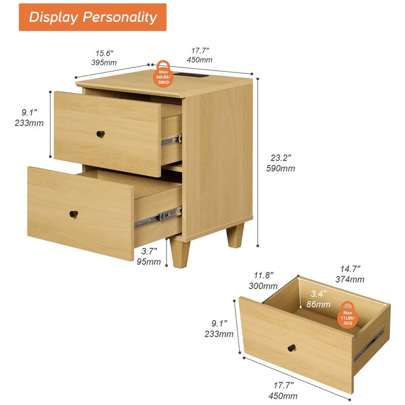 2 Drawer Nightstands with Charging Station for Bedroom