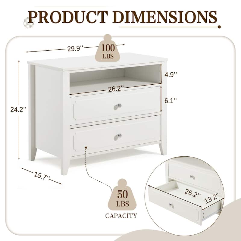EROMMY Modern Wide Nightstand with 2 Drawers and Open Storage, Bedroom Bedside Table with Solid Wood Legs, Nightstand.