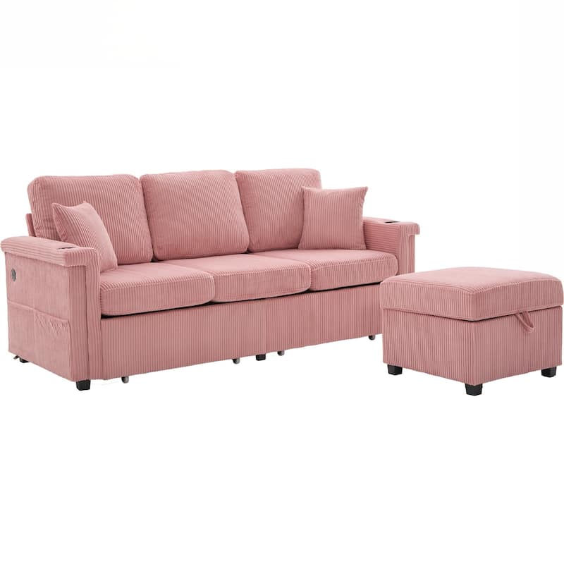 L-Shaped Sectional Sofa with Pull-Out Storage,Ottoman & Pillows 3-Seat with USB Charging,Cup Holder, Convertible Design