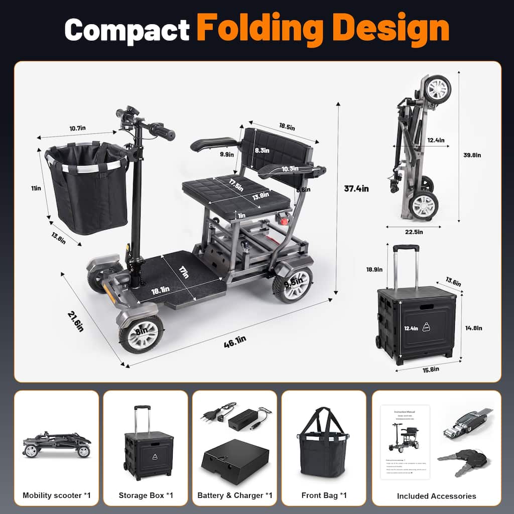 Folding Mobility Scooter for Adults, Portable Electric Travel Scooter with 350W Brushless Motor, Front Basket,3 Speed Modes