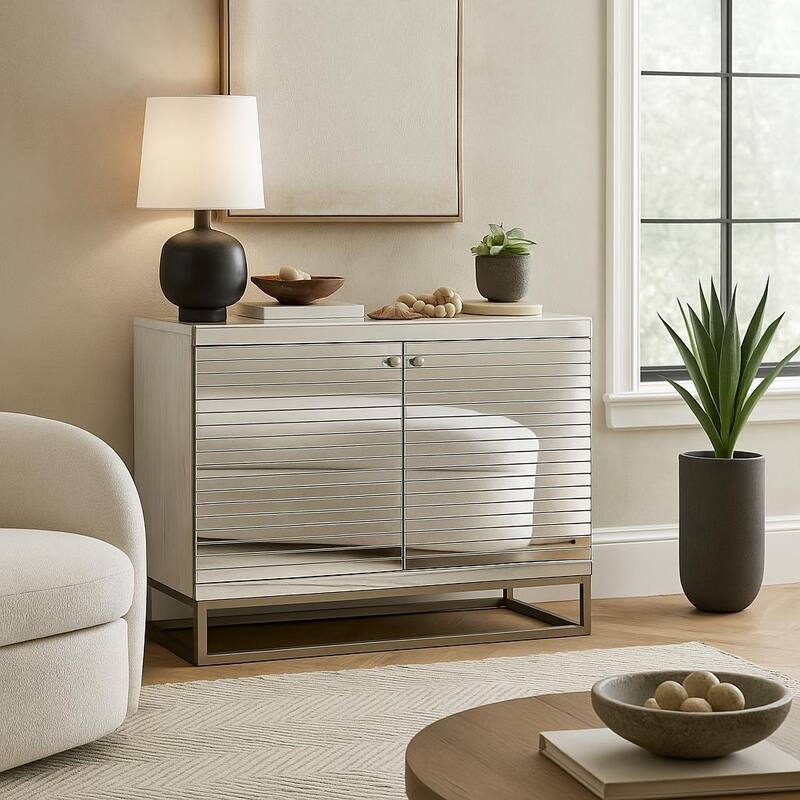 Glass 2 Door Cabinet with Linear Striped Panels and Gray Iron Base - Silver - Roche River Decor - 18"W x 47"L x 38"H