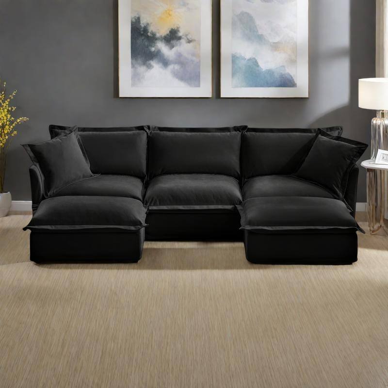 120" U-Shaped Chenille Sectional Sofa with 3-Seater and French Edge Pillows & Cloud Cushions - Black