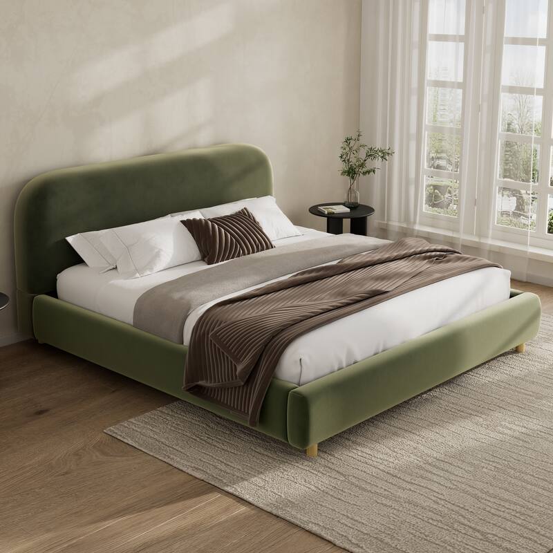 Roomfitters Modern King Platform Bed with Velvet Upholstery and Curved Headboard Design, Olive Green - Olive Green - King