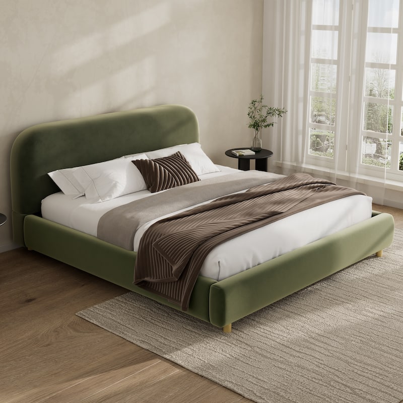 Upholstered Platform Bed Frame Thick Curve-shaped Low Profile Wingback Bed Built-in Metal Frame with Wooden Slats Support - Olive Green - King