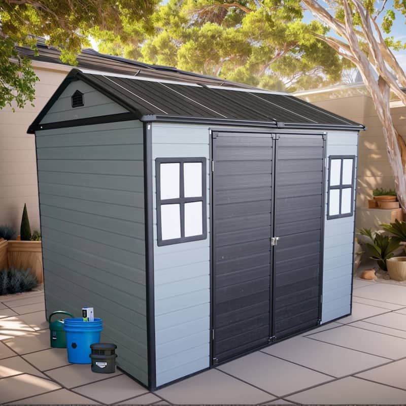 Patio Durable Steel Frame Resin Garden Shed with Floor and Lockable Door, 2 Windows - 8x6ft