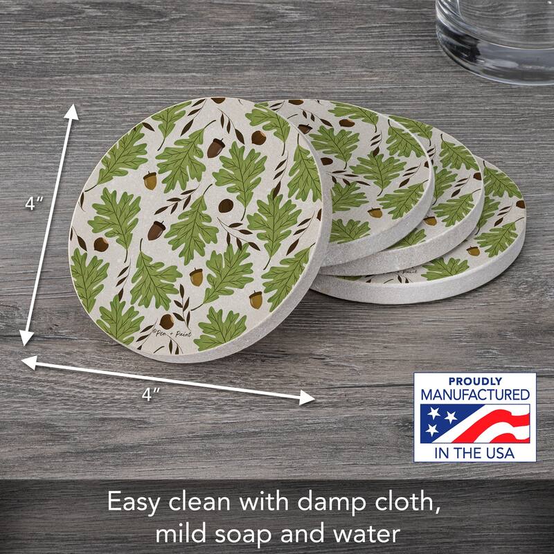 Oak Leaves 4 Pack Round Natural Sandstone Coasters with Protective Cork Backing Manufactured in The USA