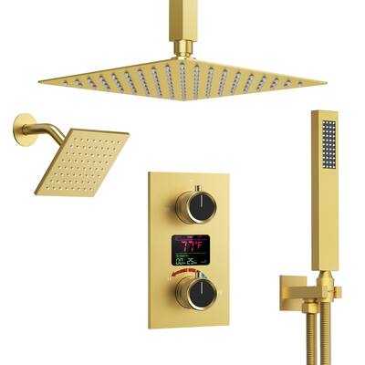 Dual Heads 12" Rainfall & High Pressure 6" Shower System w/ 3 Way Digital Display Faucet