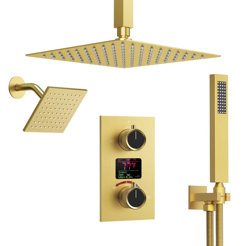 Dual Heads 12" Rainfall & High Pressure 6" Shower System w/ 3 Way Digital Display Faucet