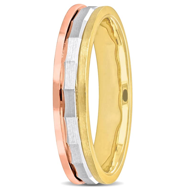 Miadora 4mm Hammered and Brushed Finish Wedding Band in 3-Tone 14k Gold