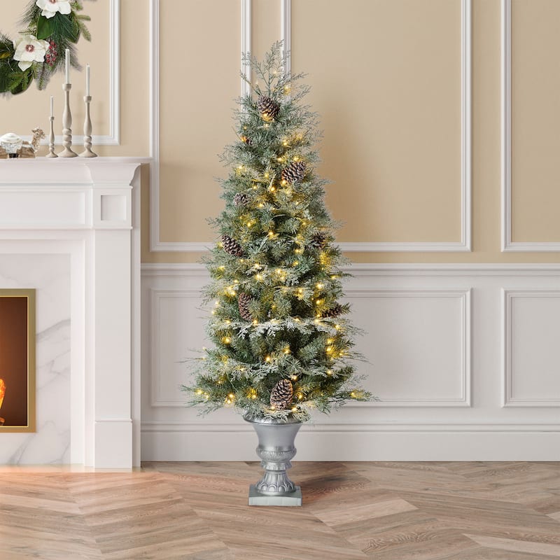 Glitzhome 4ft/5ft Pre-Lit Pine Artificial Christmas Porch Tree with Warm White Lights and Silver Pot - 5ft