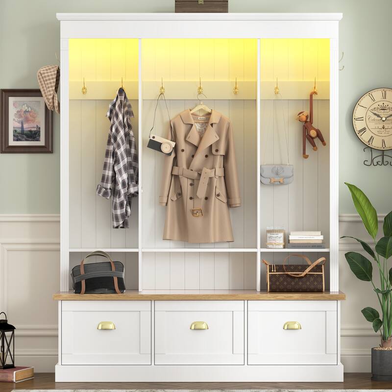 APP Controlled LED Hall Tree with Storage Bench - Farmhouse Entryway Bench with 9 Hooks, 3 Cabinets & Shelves for Mudroom