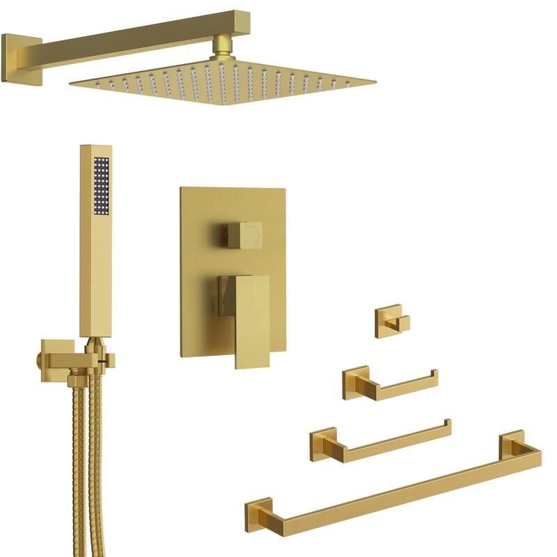 GRANDJOY 10" Rainfall Shower System with 4-Piece Bathroom Towel Bar Hardware Set Combo - Brushed Gold