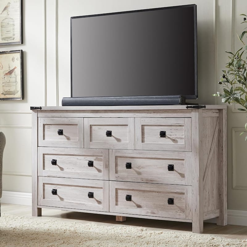 Farmhouse 7 Drawers TV Stand, Chest of Drawers, Dressers Organizer - Antique Brushed White