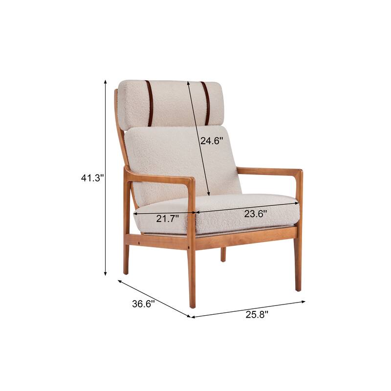 Mid Century Modern Accent Armchair, Solid Wood Frame with High Back, Beige Upholstered Cushions, Ergonomic Lounge Chair