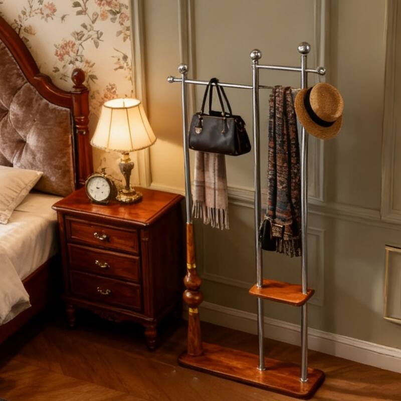 Industrial Coat Rack, Solid Wood and Stainless Steel Coat Stand with 2 Layer Storage, for Coats and Hats