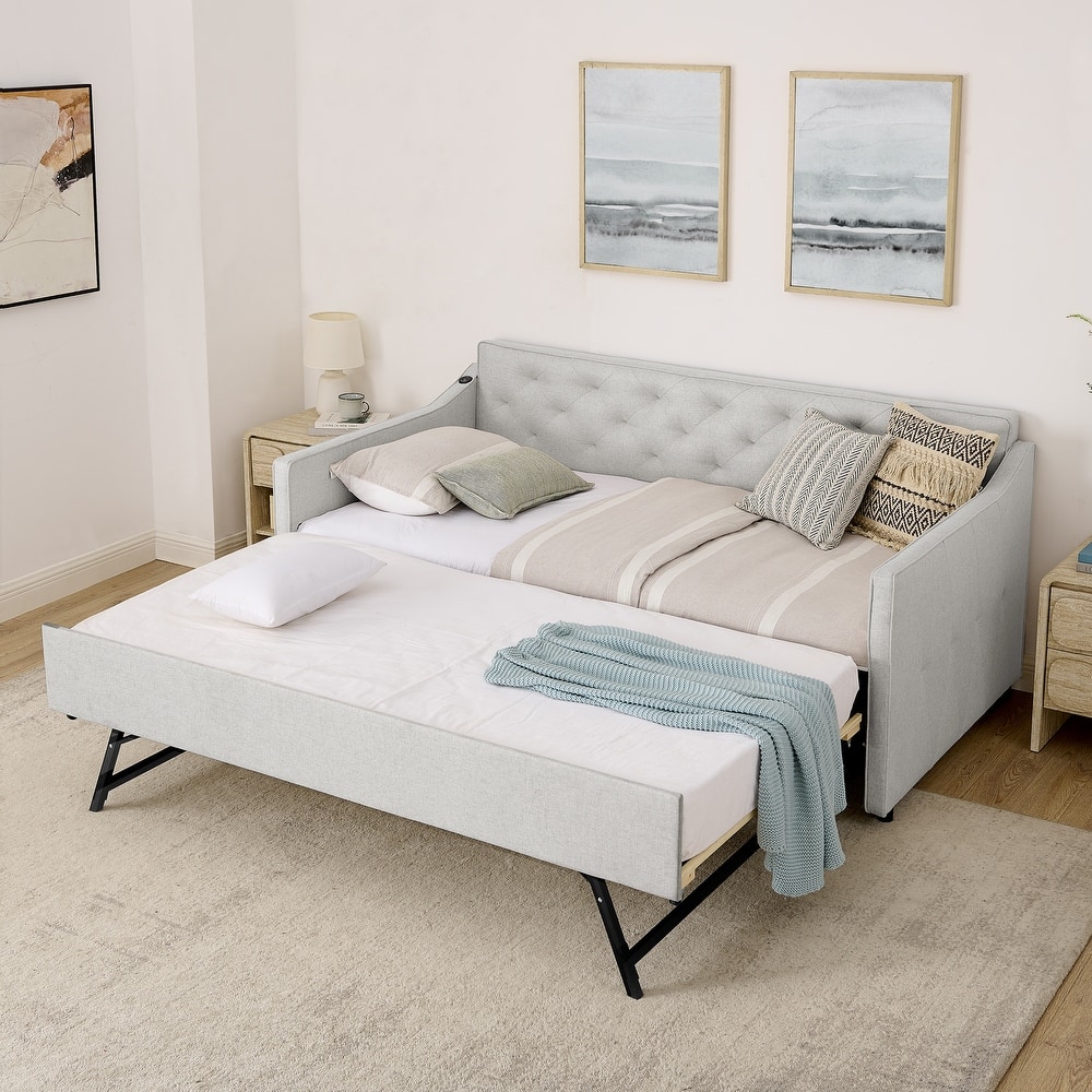 Twin Upholstered Daybed with Pop-Up Trundle & USB Charging Ports