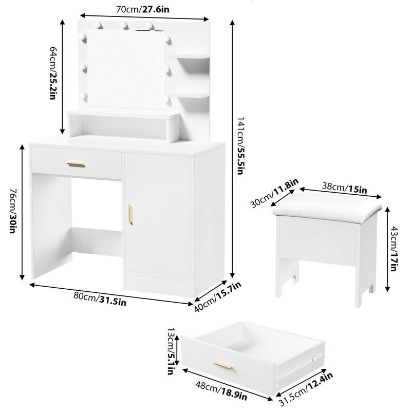 Vanity Desk with Mirror and 9 LED Lights,Drawers, Shelves, Cabinet, Stool