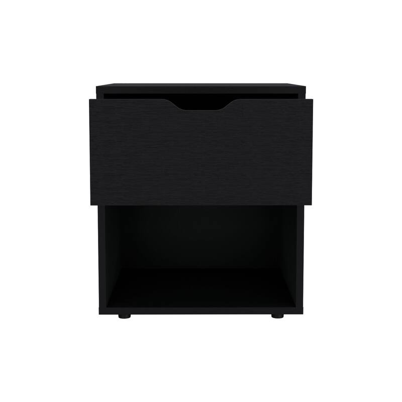 Compact Nightstand with Drawer and Open Shelf, Black Finish, Ideal for Small Spaces