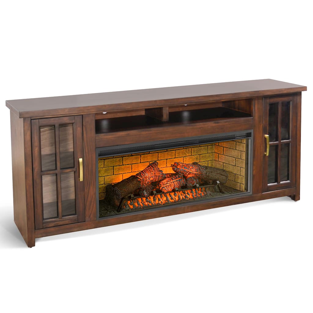 Gery TV Media Console w Log Fireplace, 76 Inch, 2 Cabinets, Dark Brown