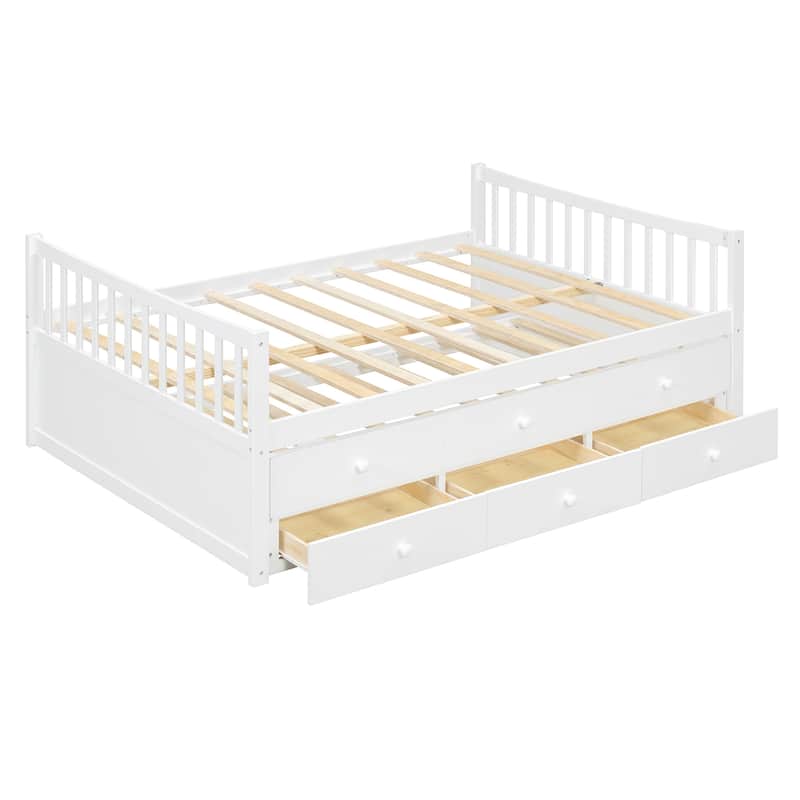 Full Size Daybed with Twin Trundle and 3 Drawers Solid Wood White No Box Spring Needed