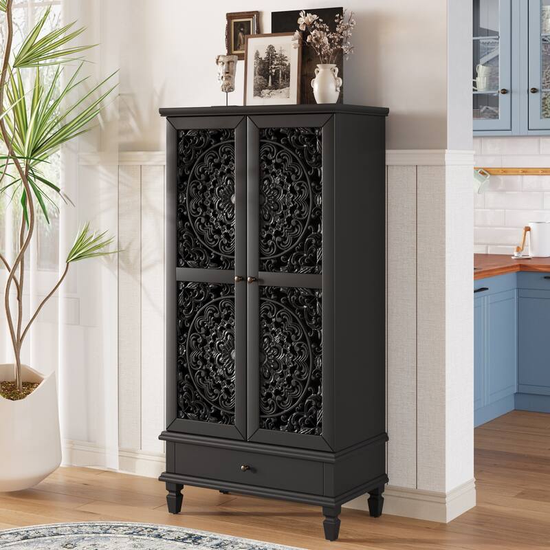 Roomfitters 55'' Tall Storage Cabinet, Carved Wood Accent Sideboard with Solid Wood Legs for Dining Room