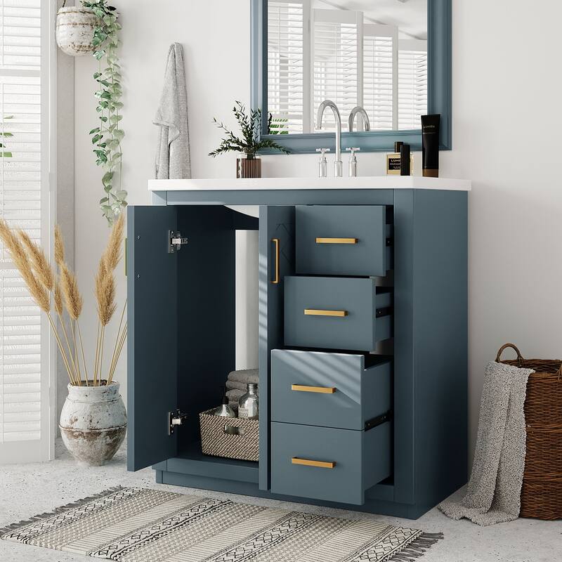 Bathroom Vanity with Ceramic Sink, Vanity Set with 3 Drawers and Doors, Bathroom Storage Cabinet with Solid Wood Frame