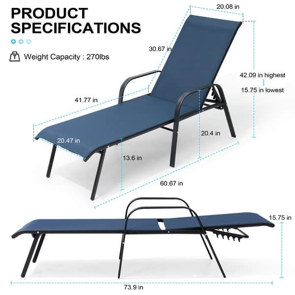 dimension image slide 7 of 8, Set of 4 Lounge Chairs Outdoor Chaise Lounge with Arms and Adjustable Back