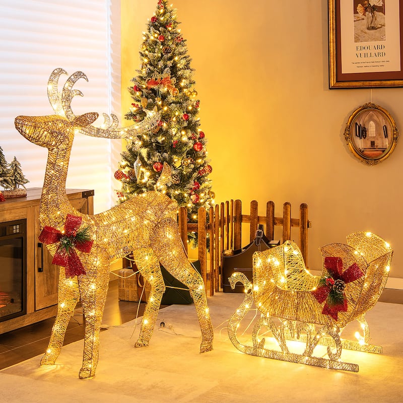 Costway Lighted Christmas Reindeer & Sleigh, Outdoor & Indoor - See Details