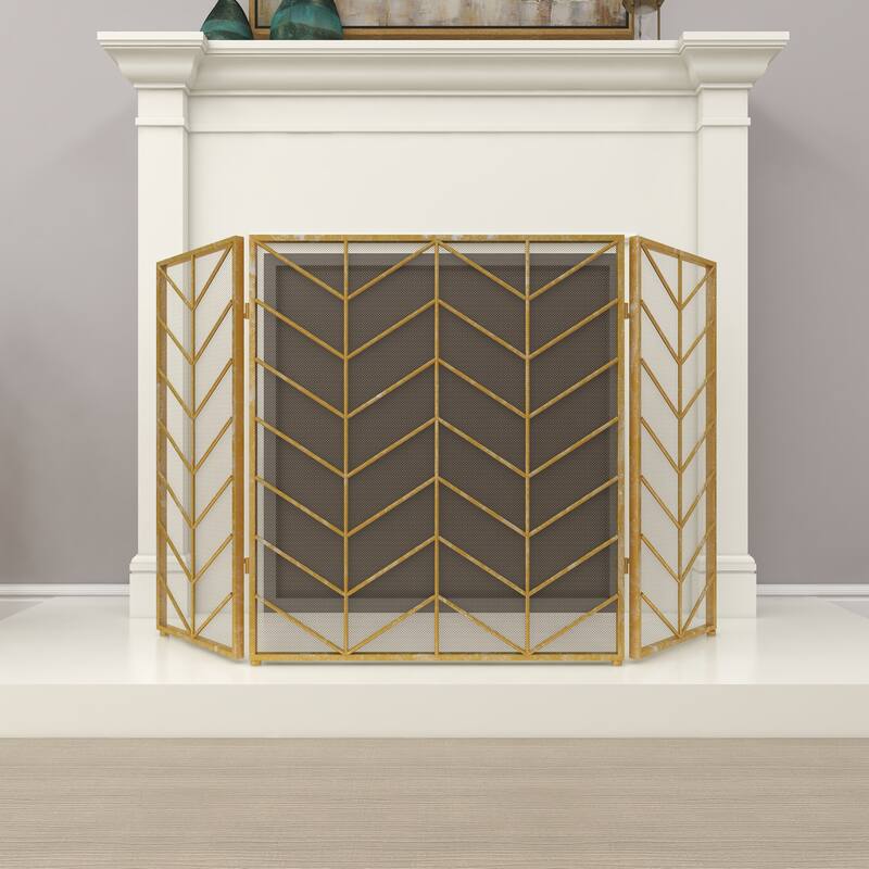 Gold Metal Foldable Mesh Netting 3 Panel Geometric Fireplace Screen with Chevron Pattern