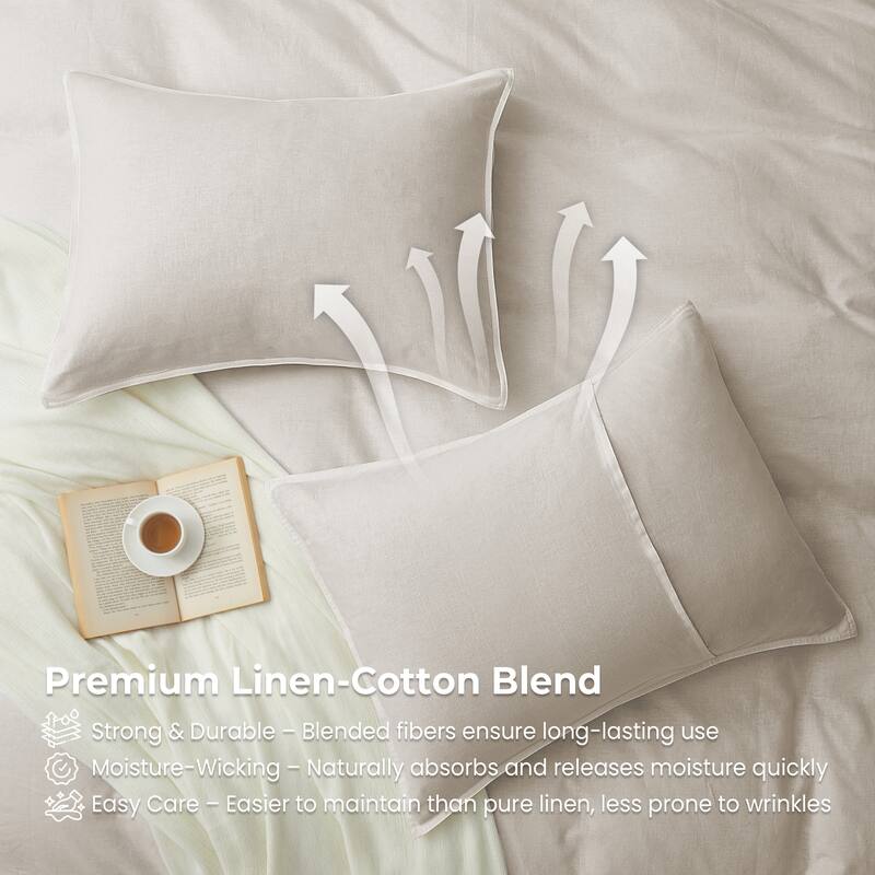 Flax Linen Cotton Blend Duvet Cover Set, Durable, Breathable and Moisture-Wicking, 3 Piece Bedding Set