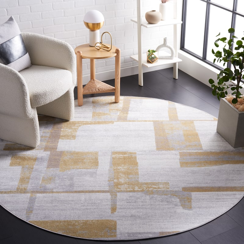 SAFAVIEH Bayside Machine Washable Shereen Mid-Century Modern Abstract Rug - 6'7" Round - Ivory/Grey Gold