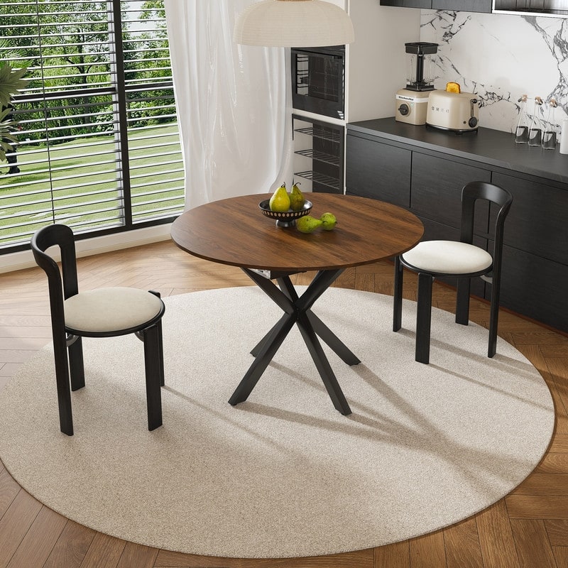 42" to 58" Extendable Round Dining Table, Modern Wood Veneer Top & Carbon Steel X-Base