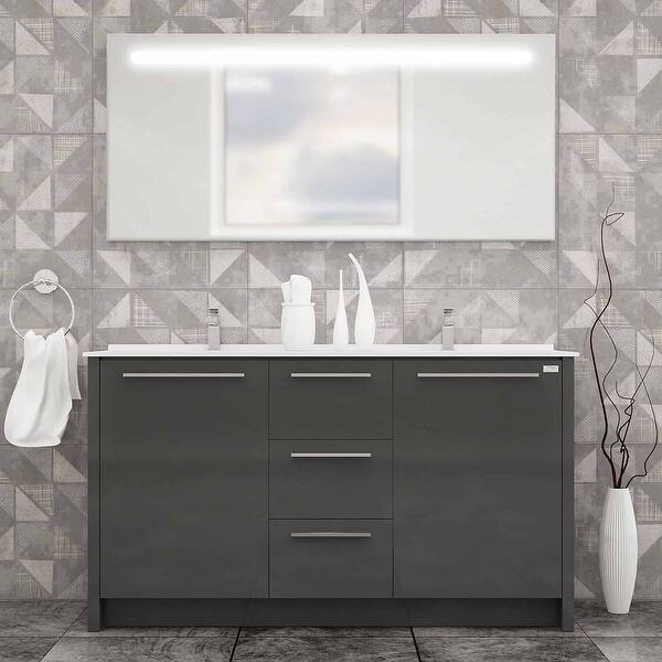 Benna 63 Inch Glossy Grey Double Sink Freestanding Bathroom Vanity Set Overstock 28944715