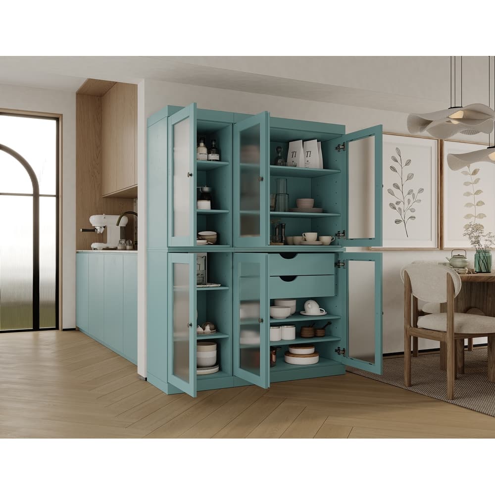 100% Solid Wood 48.5" Pantry Cabinet with Frosted Glass Doors and 2-Drawers