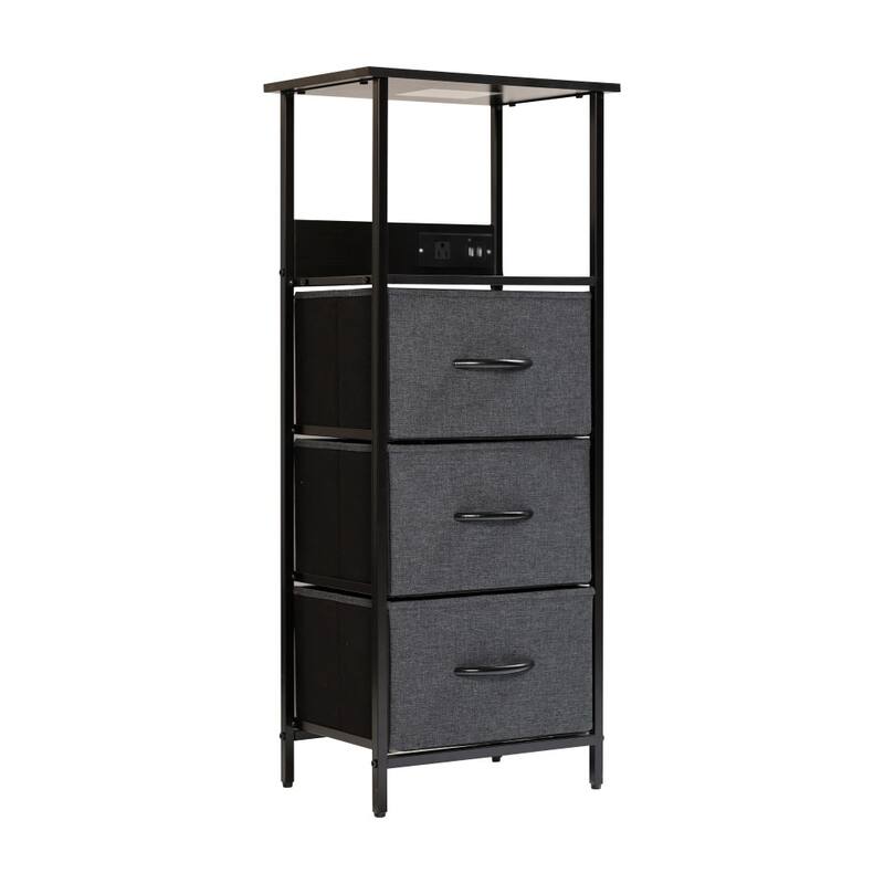 3 Fabric Drawer Nightstand with 2 USB Port/1 Outlet Charging Station - Charcoal Drawers/Black Frame