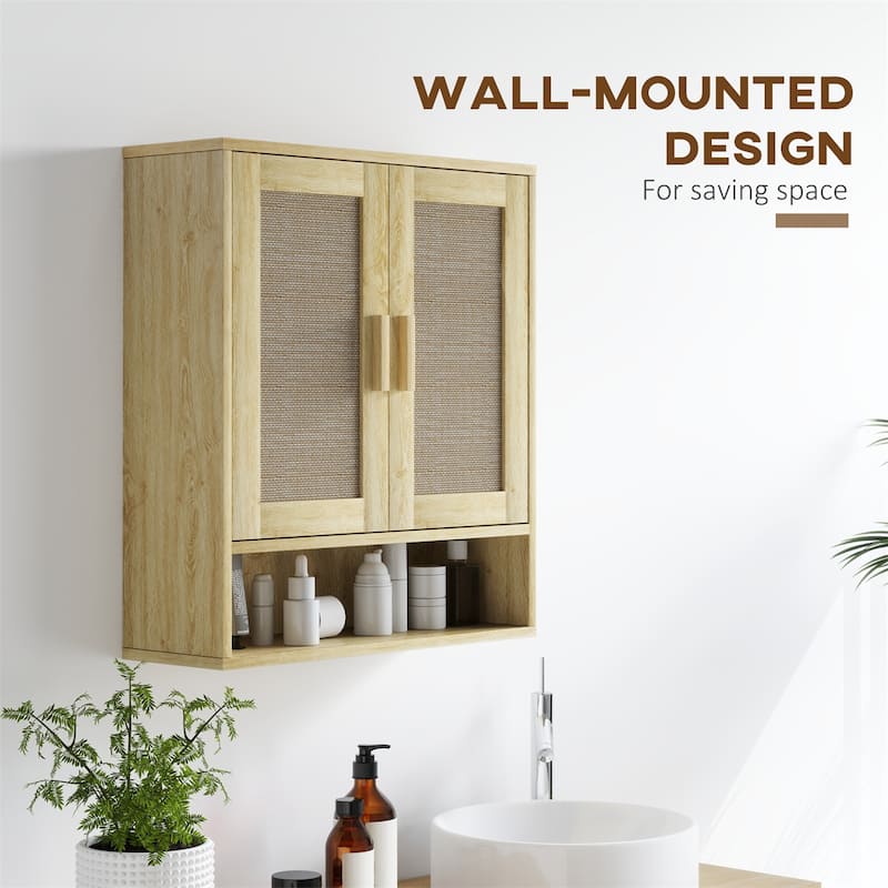 Distressed Oak Particleboard Wall Cabinet with Rattan Doors and Shelves - 23.2" W x 7.9" D x 26.2" H