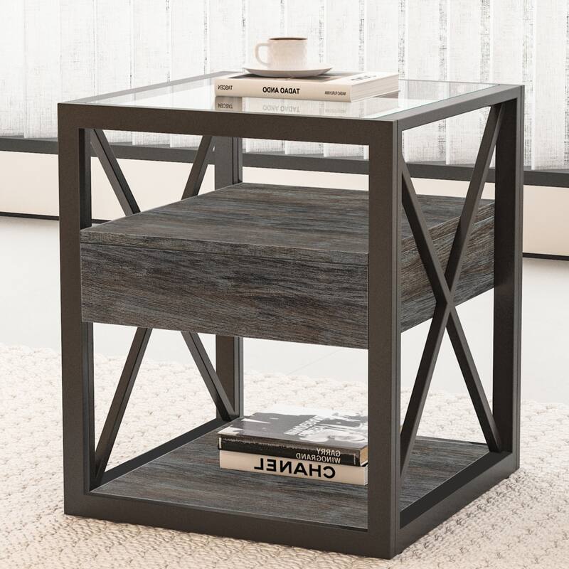 1 piece Modern End Table with Drawer - Nightstand,Rustic Wood Grain MDF& Tempered Glass Top,Industrial Style Side Table