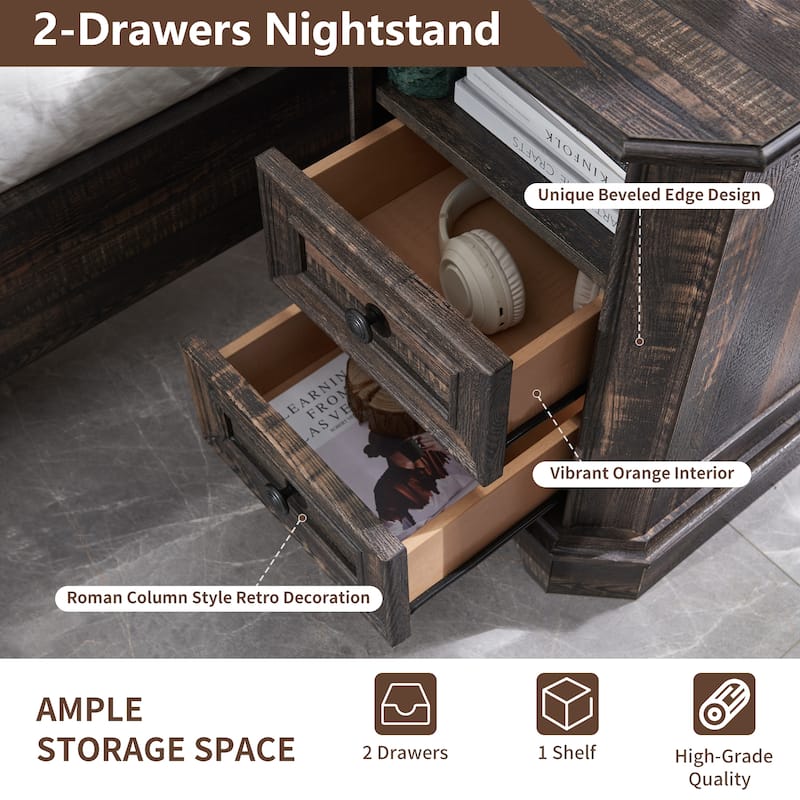 Farmhouse Nightstand Set of 2 with Charging Station, Beside Table