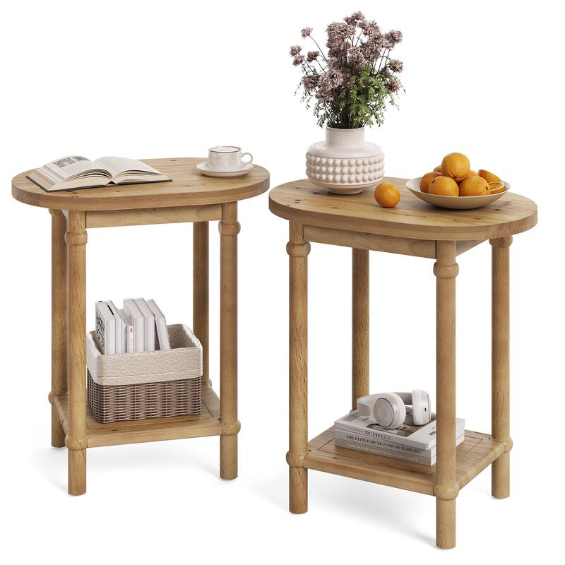 2-Tier Solid Wood End Table with Storage Shelves, Side Accent Table Nightstand for Living Room Bedroom