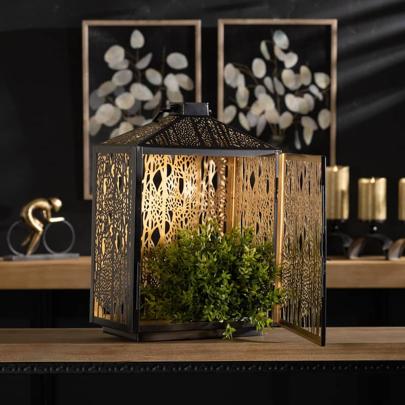 Cut-Out Forest Candle Lantern - 16.25" - Black and Gold