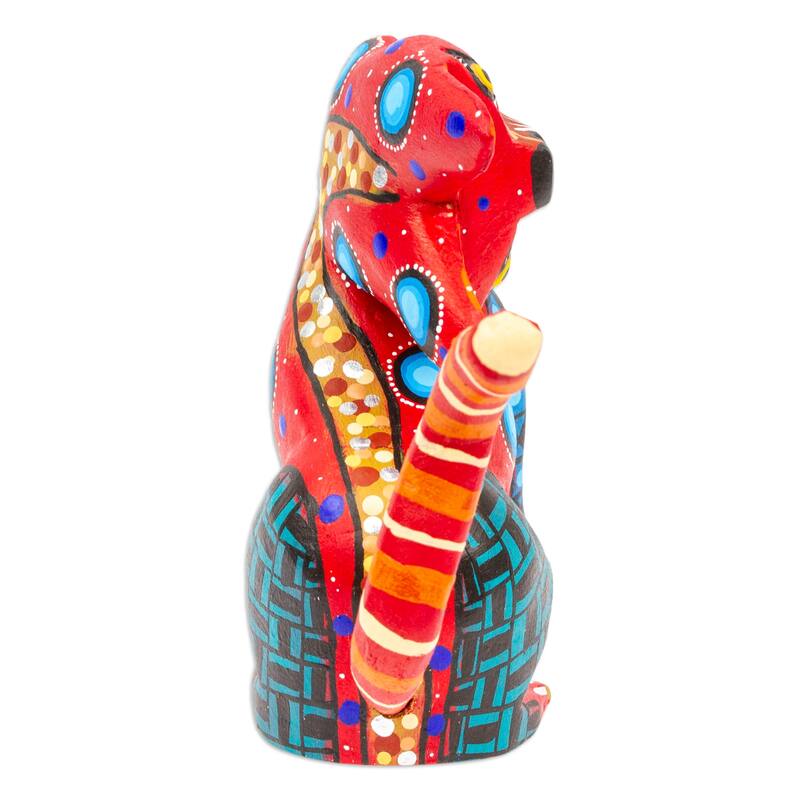 Novica Handmade Crimson Feline Questions Wood Alebrije Figurine