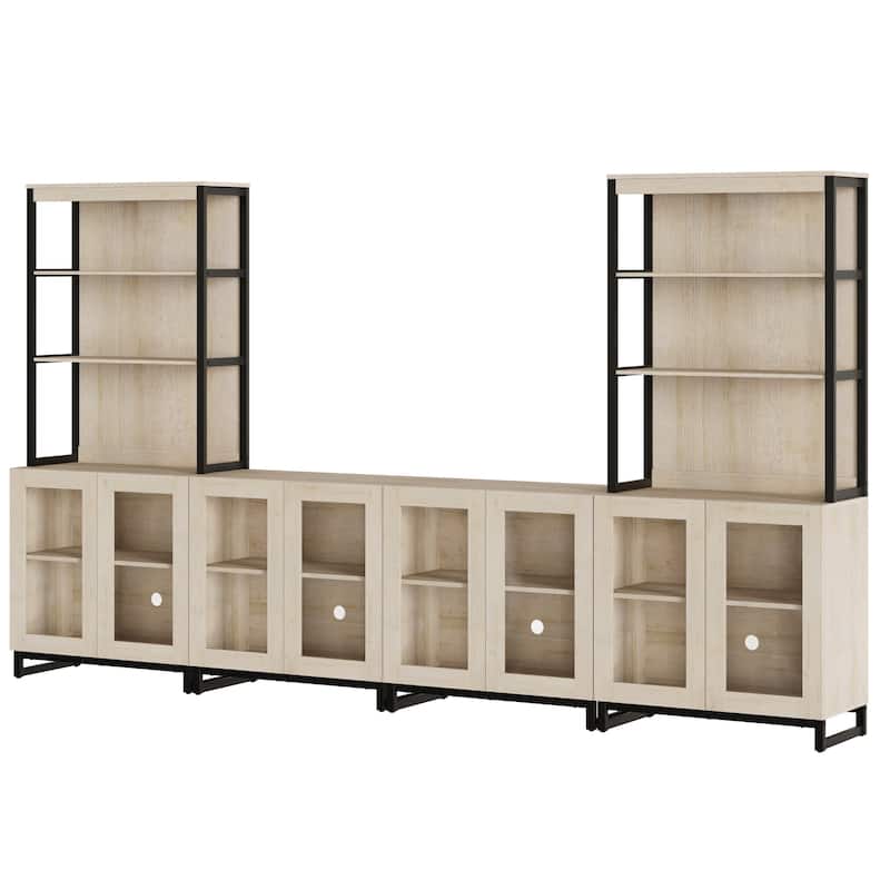 Modern Farmhouse Buffet Cabinet with 3 Tiers and 4 Cabinets, Wooden Sideboard for Dining Room or Kitchen