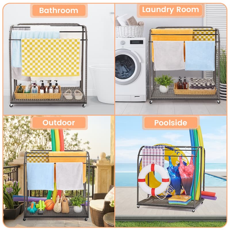Pool Towel Rack Outdoor with Rattan 5 Bar Free Standing Poolside
