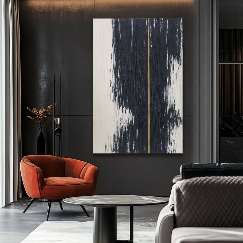 Black, White Gold Handmade Pant Abstract Textured Oil Canvas Wall Art 47" X 31"