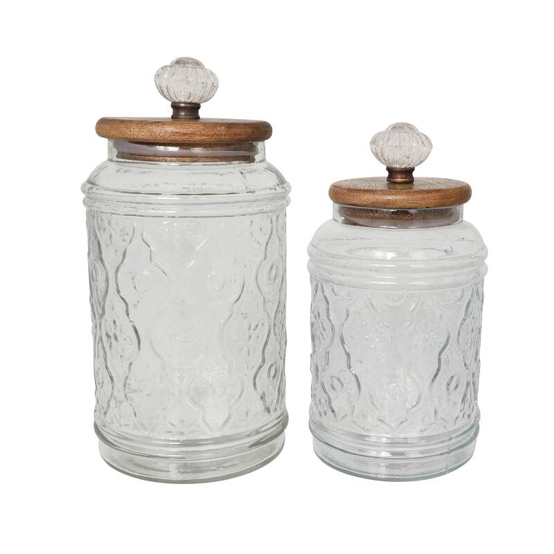 Clear Glass Floral Living Room Decorative Jars with Brown Wooden Lids and Antique Style Knobs (Set of 2)